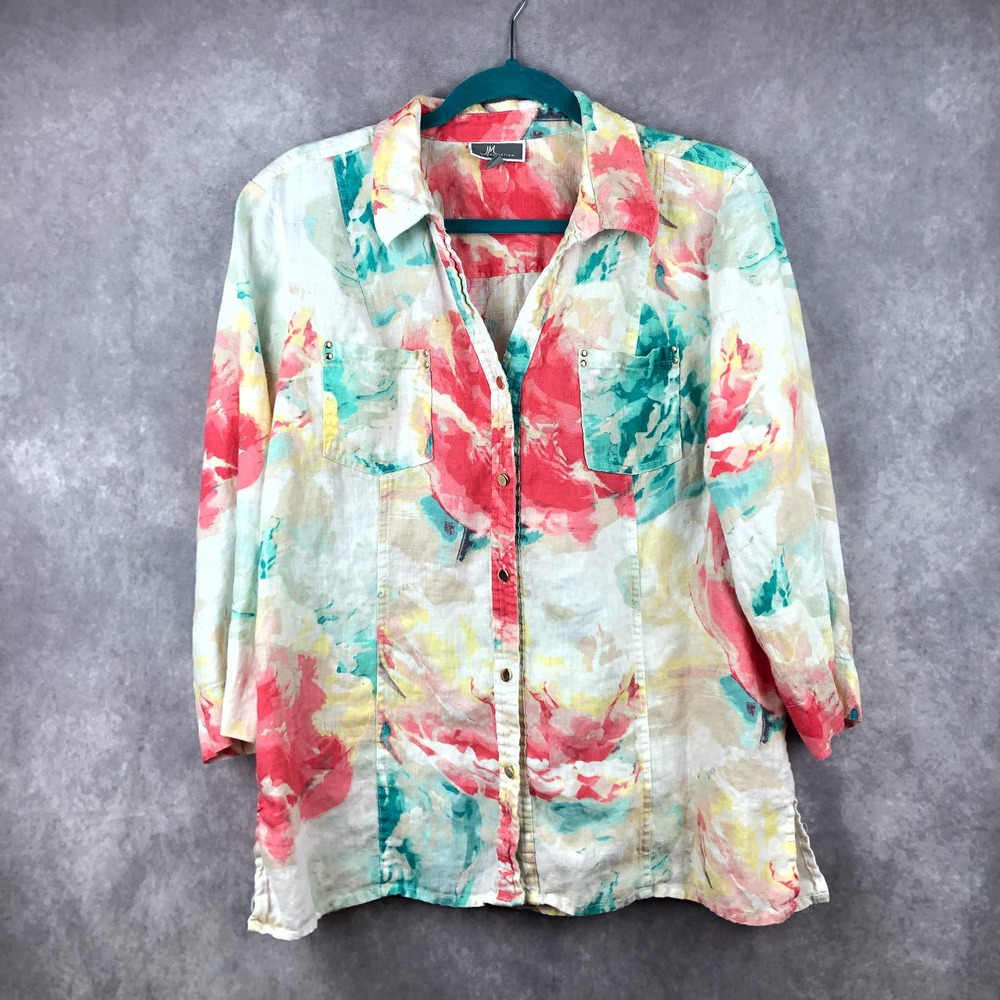 JM Collection Shirt Jacket Womens Size 16 Floral Watercolor 100% Linen Button Up